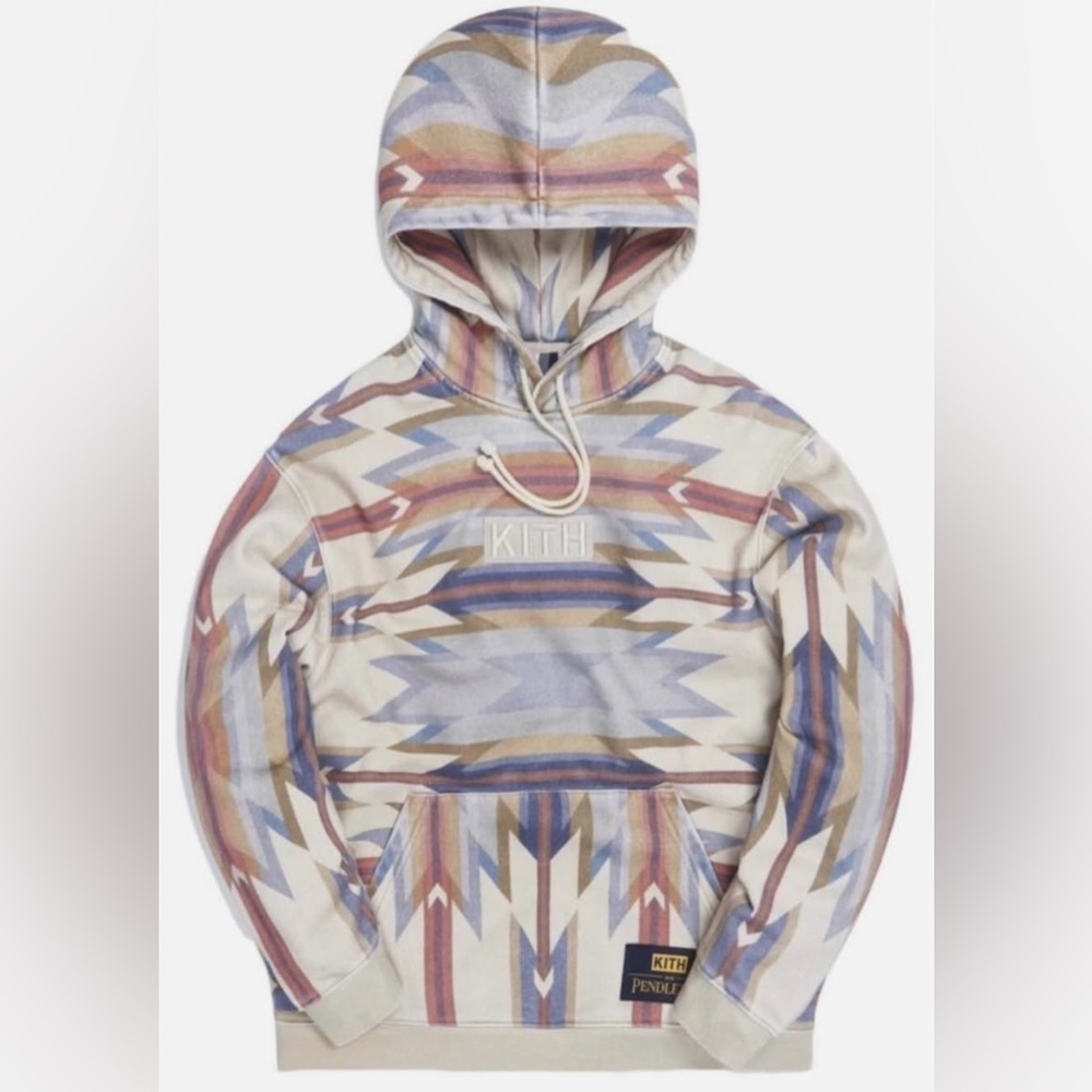 Kith Cream Hoodie with Pastel Aztec Stripe Pattern
